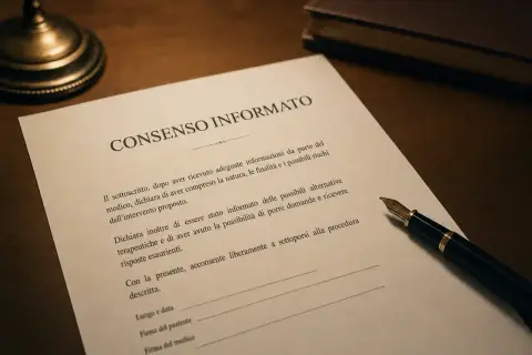 Documento di consenso informato, con penna stilografica e libro. La legge tutela il diritto di scegliere liberamente.