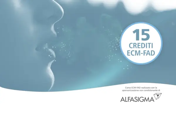 Primo piano di un volto con espirazione di particelle luminose. Cerchio con "15 CREDITI ECM-FAD".