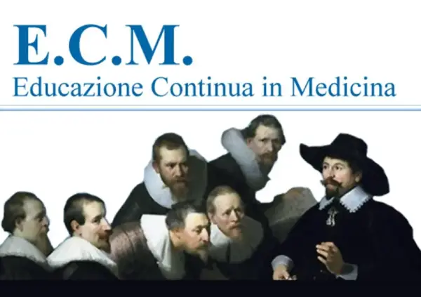 Gruppo di uomini con colletti a gorgiera, in stile rinascimentale, sotto la scritta "E.C.M. Educazione Continua in Medicina".